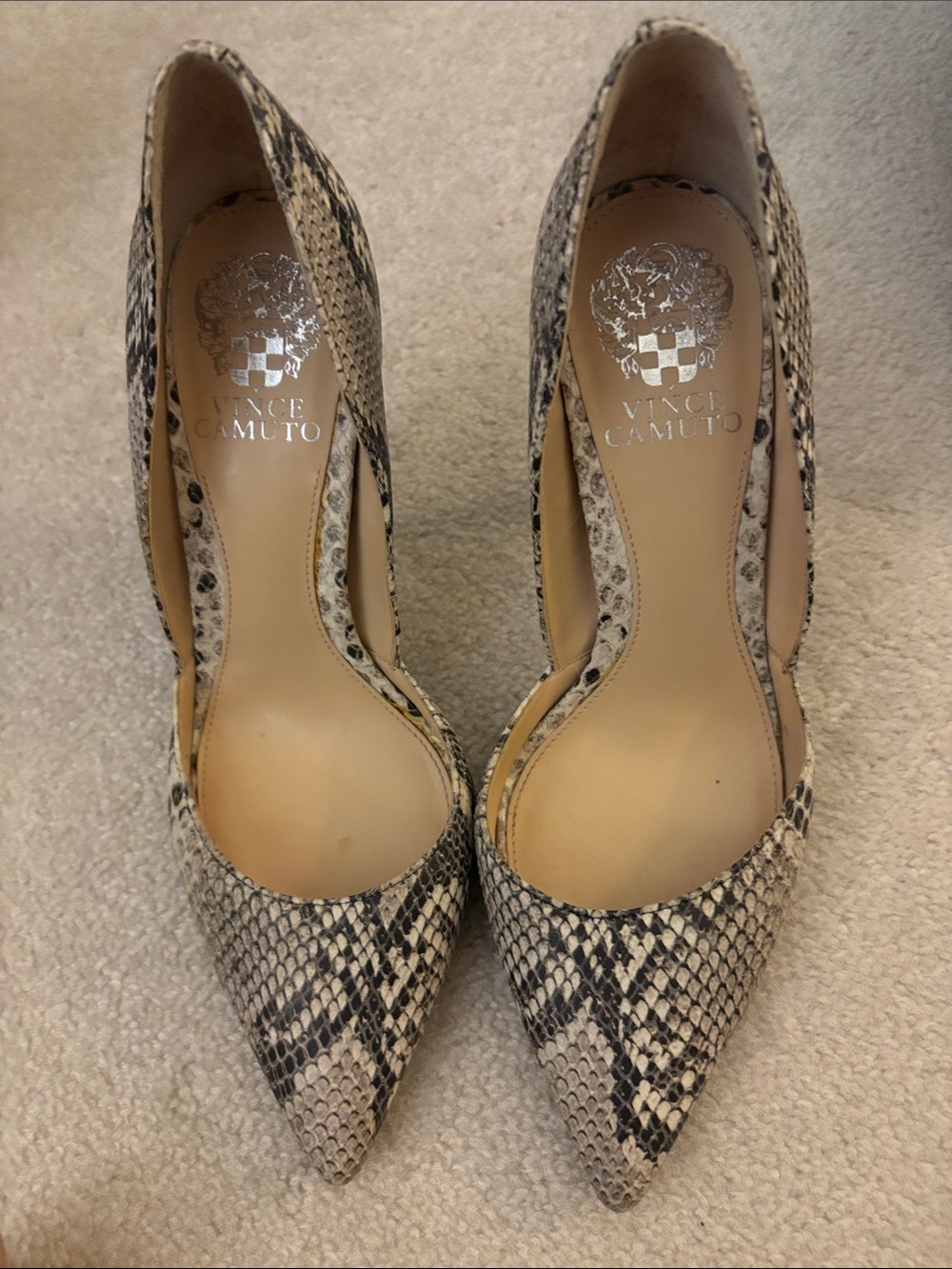 Vince Camuto Snake-Print Pointed Toe Pumps in Beige and Black